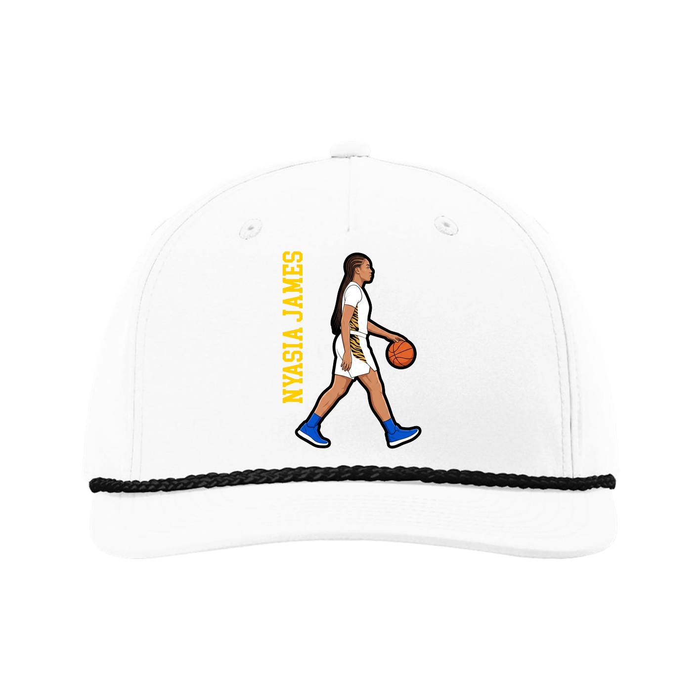Five-Panel Classic Rope Cap — Name Vertical in White