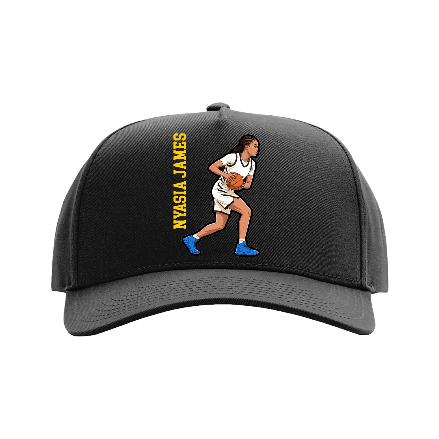 Full Fabric Five-Panel Champ Cap — Name Vertical in Black