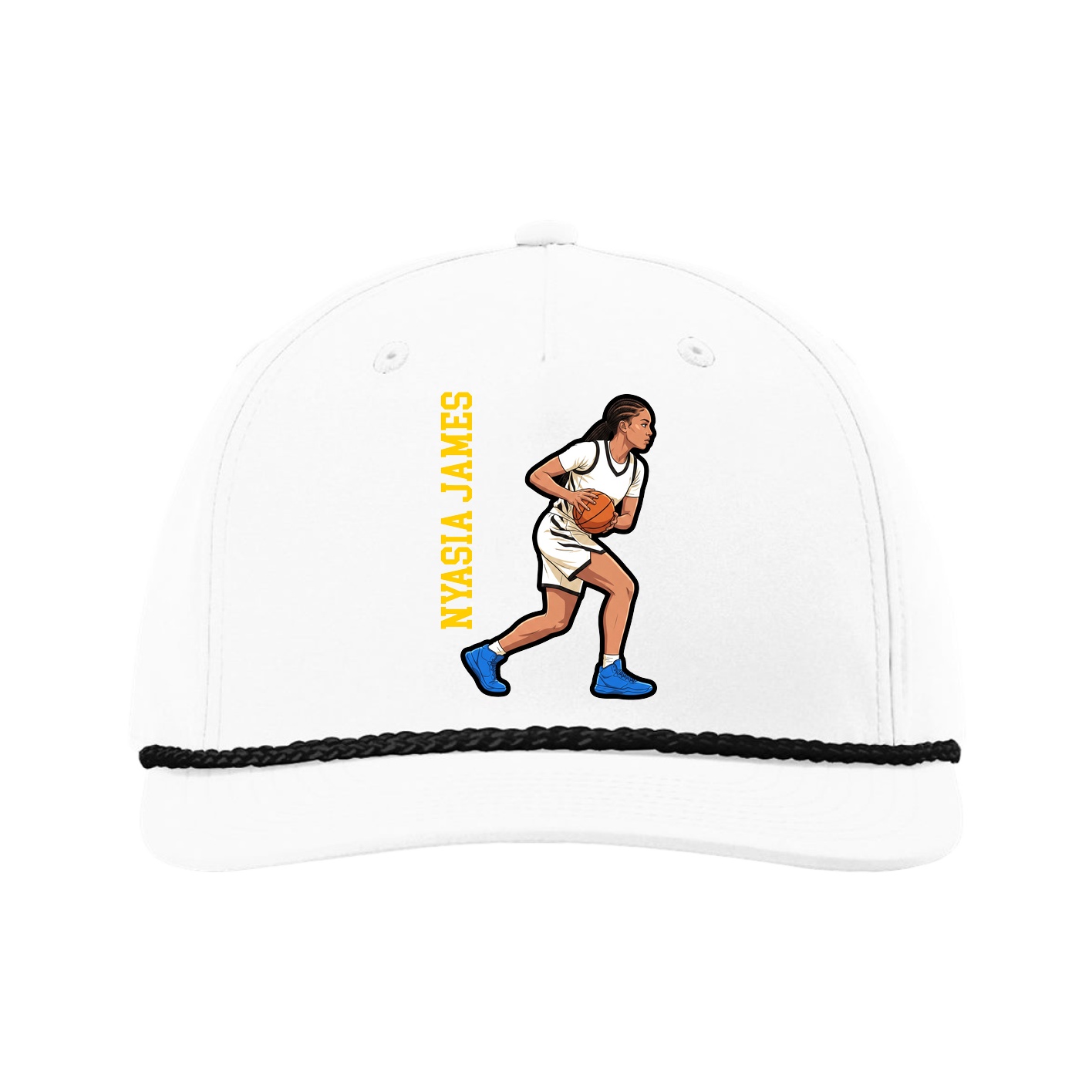 Five-Panel Classic Rope Cap — Name Vertical in White