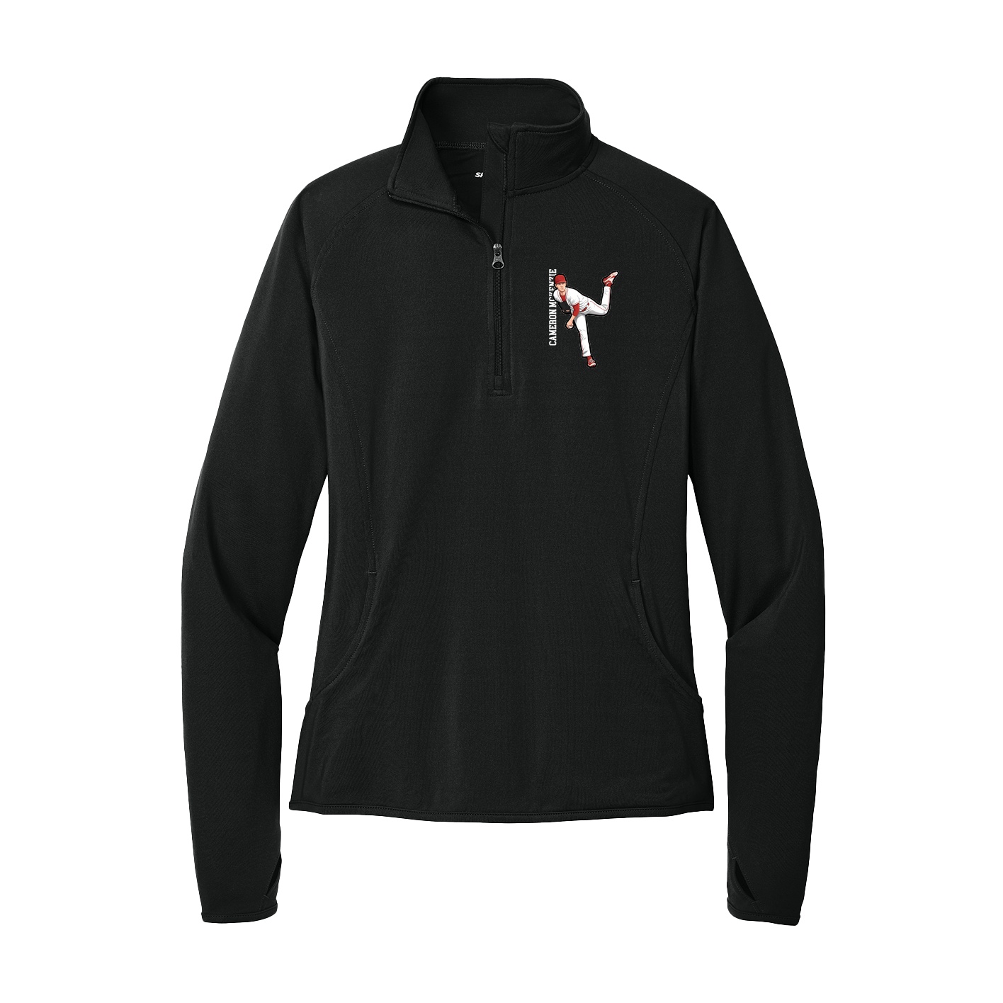 Women's Q-Zip Pullover — Name Vertical in Black