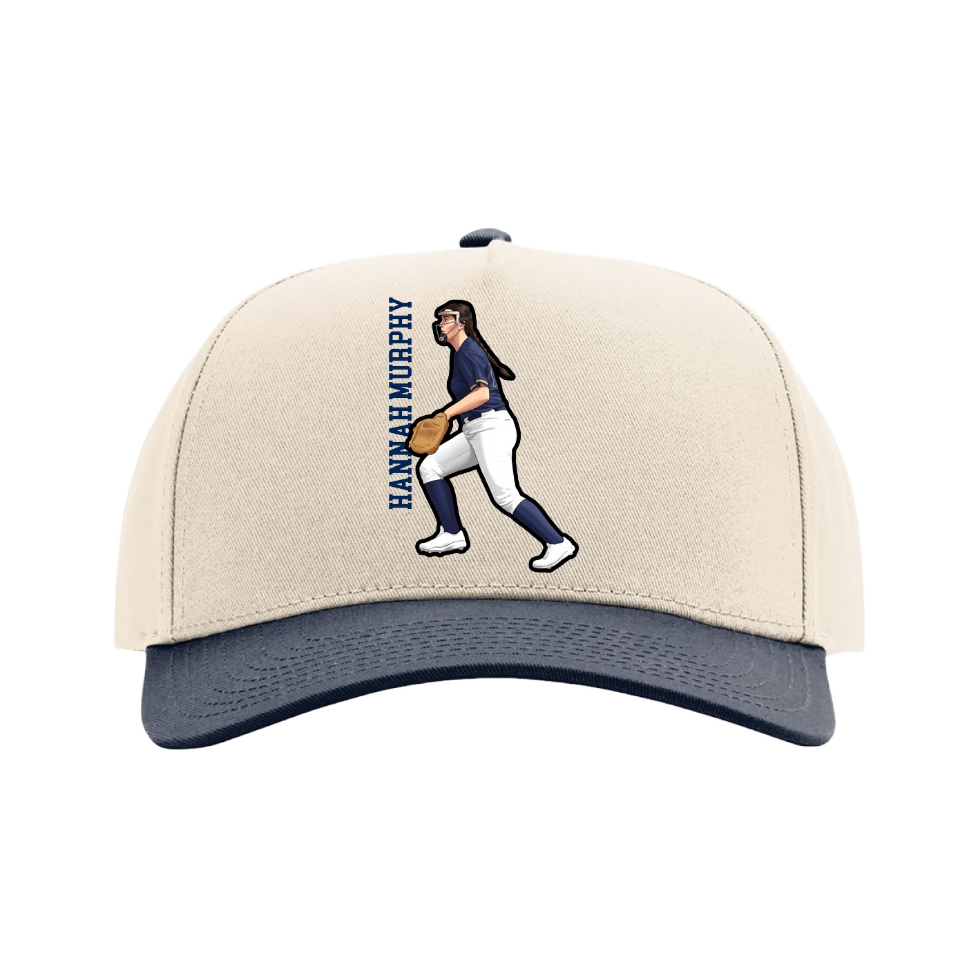Full Fabric Five-Panel Champ Cap — Name Vertical in Cream/Navy