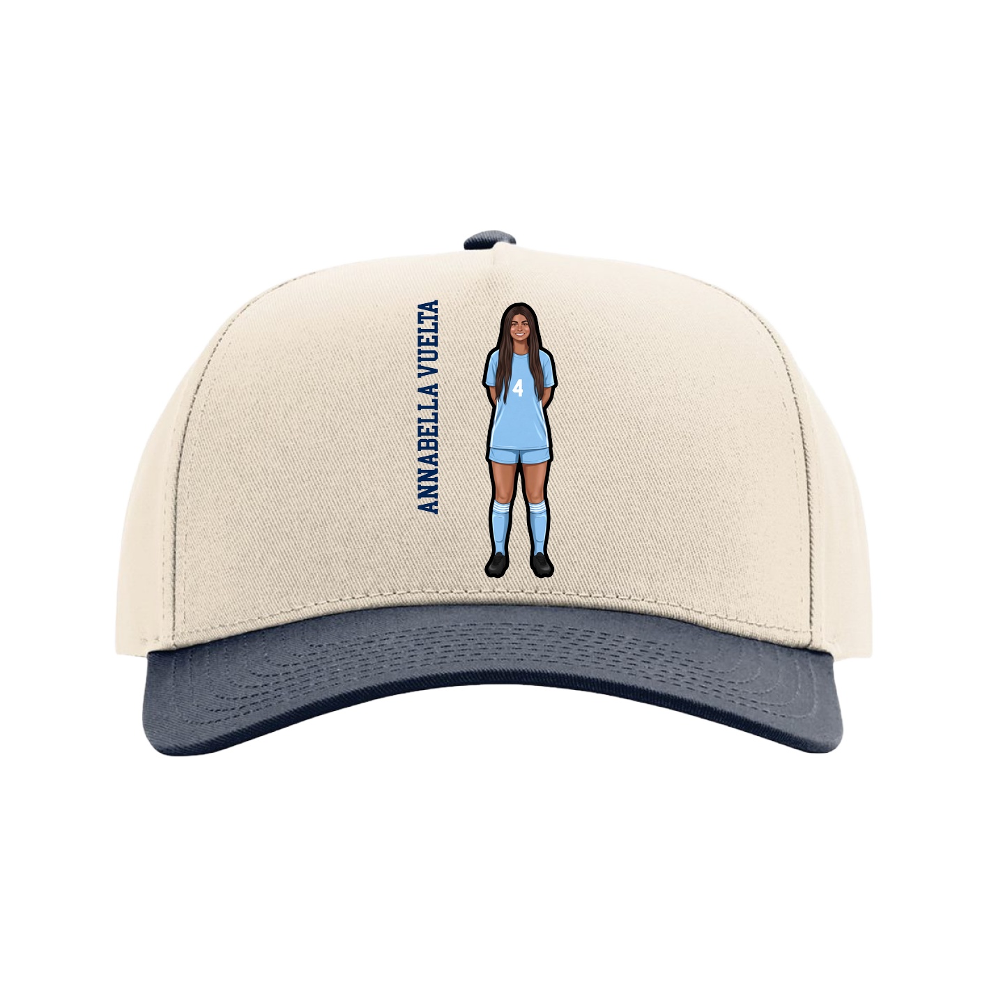 Full Fabric Five-Panel Champ Cap — Name Vertical in Cream/Navy