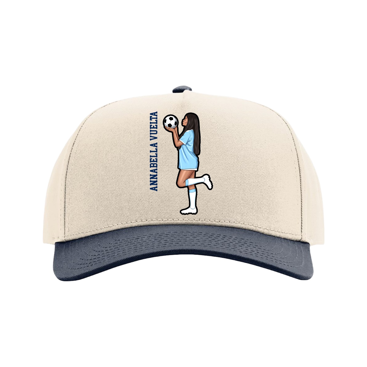 Full Fabric Five-Panel Champ Cap — Name Vertical in Cream/Navy