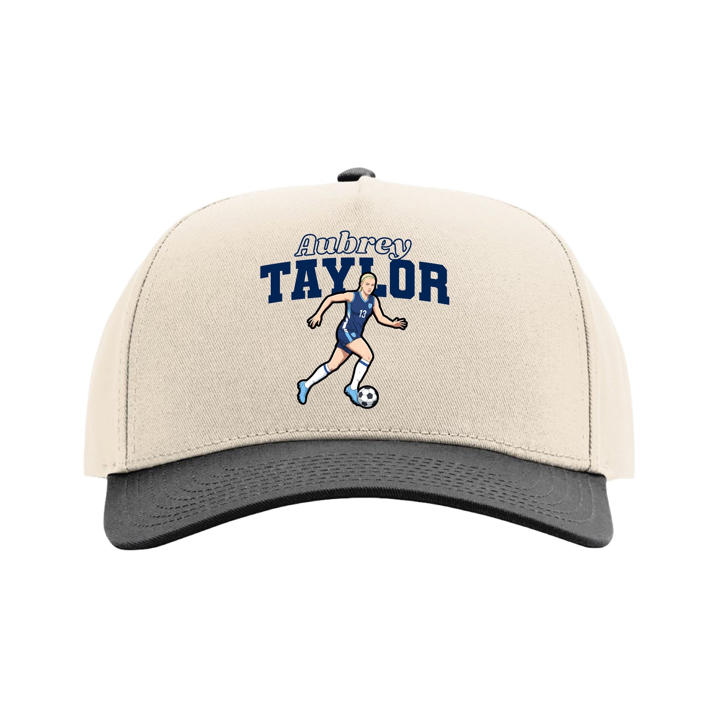 Full Fabric Five-Panel Champ Cap — Name Arch in Cream/Black