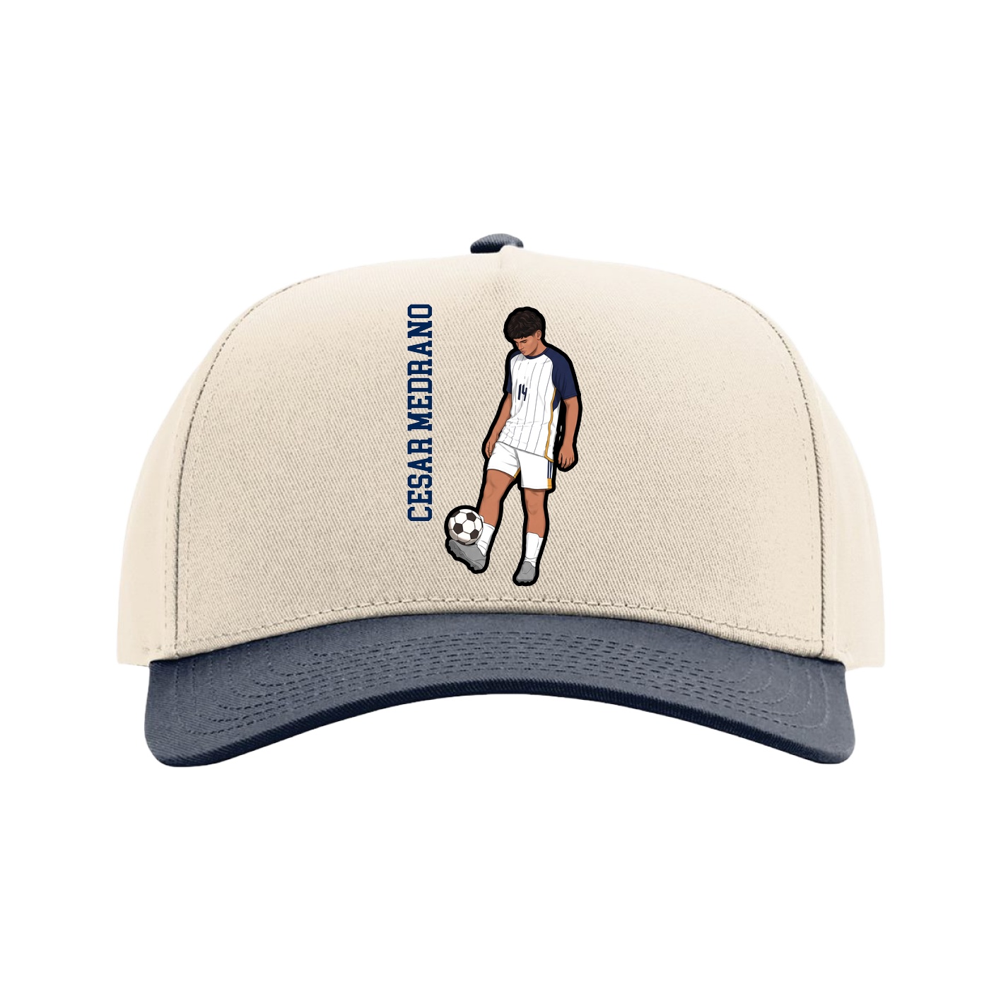 Full Fabric Five-Panel Champ Cap — Name Vertical in Cream/Navy
