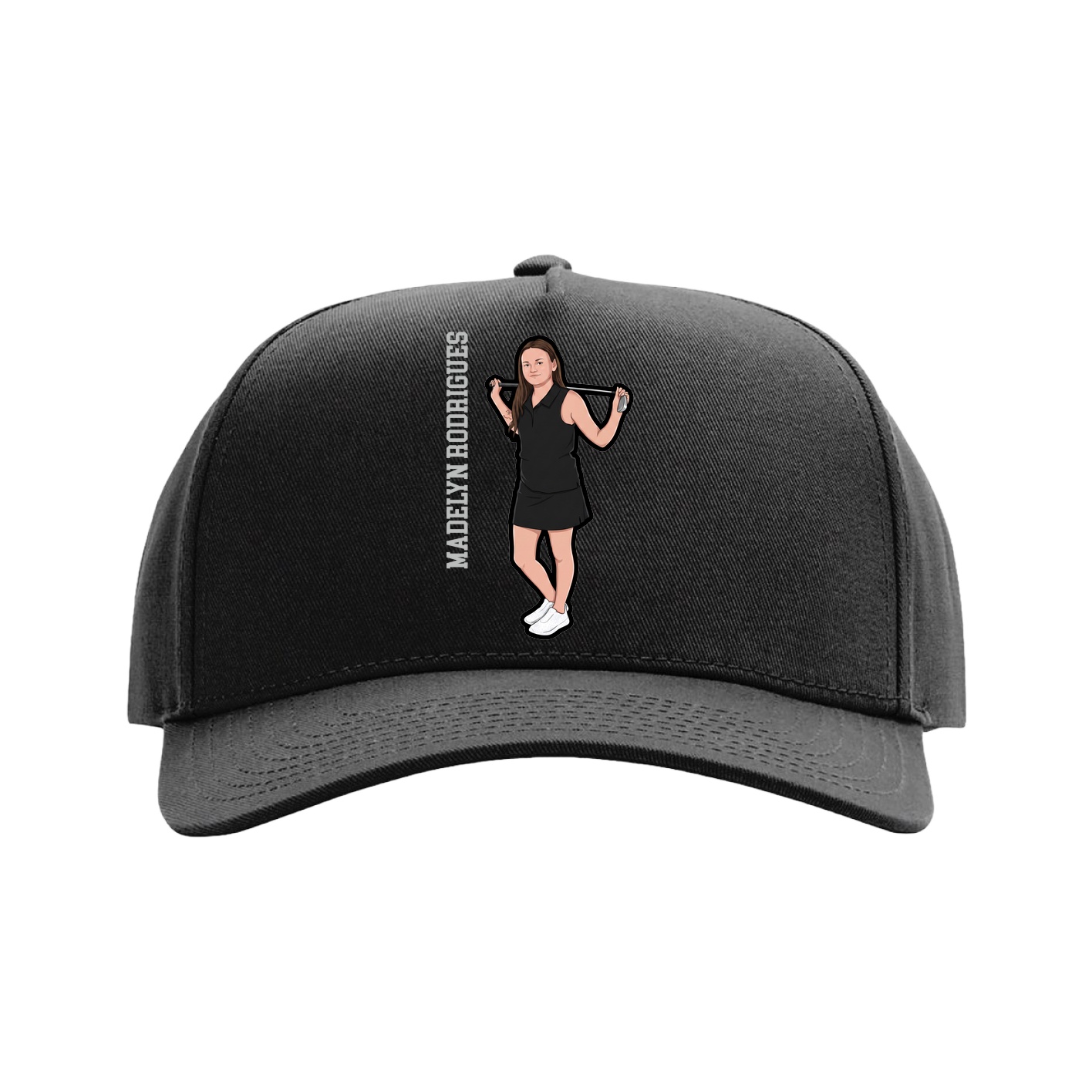 Full Fabric Five-Panel Champ Cap — Name Vertical in Black