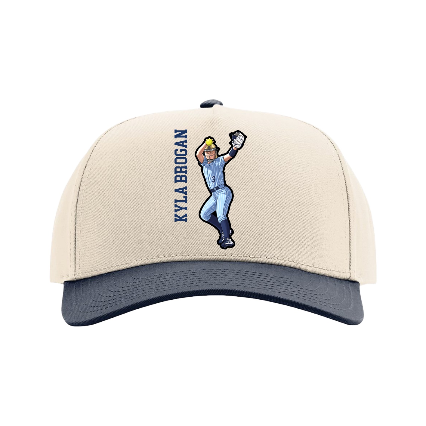 Full Fabric Five-Panel Champ Cap — Name Vertical in Cream/Navy