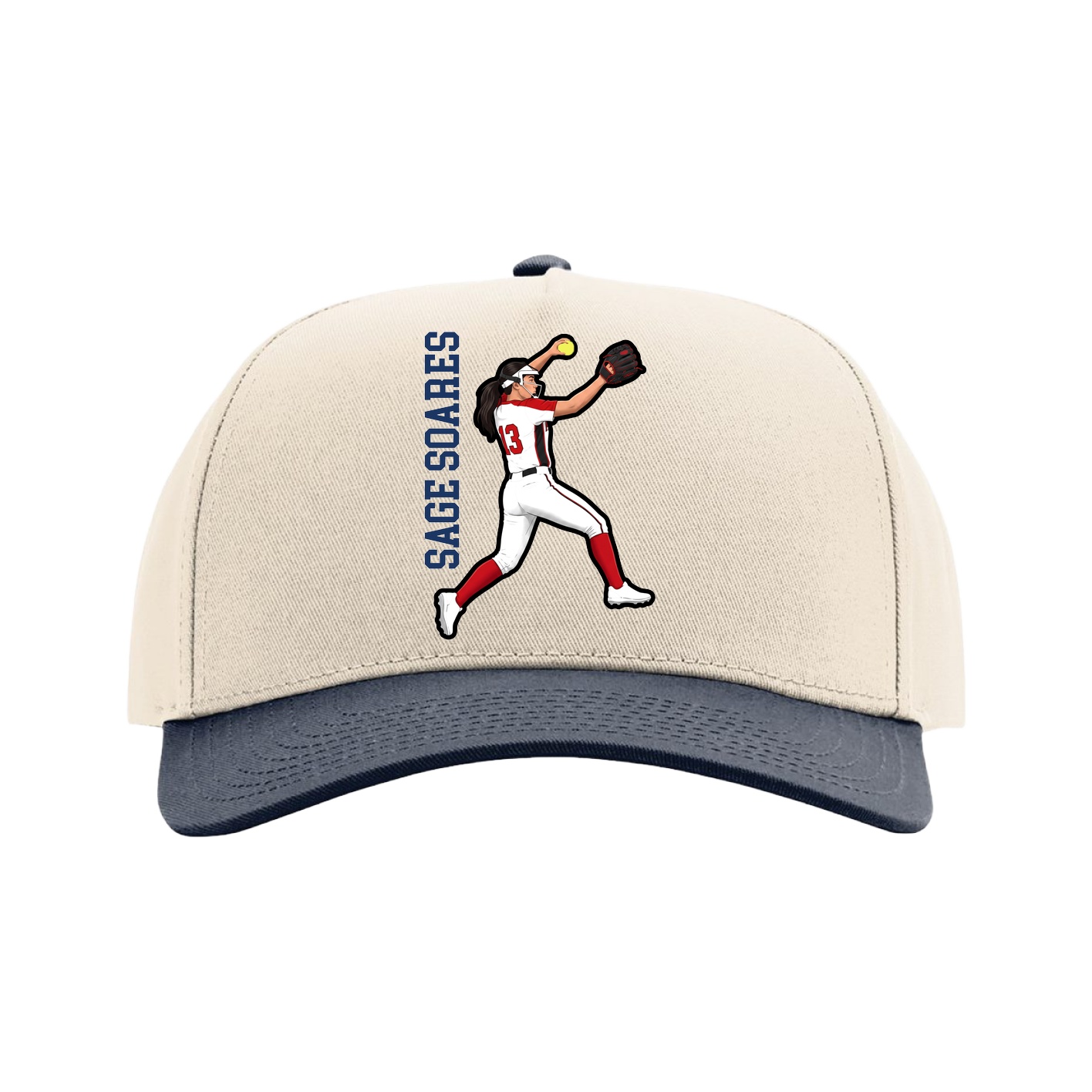 Full Fabric Five-Panel Champ Cap — Name Vertical in Cream/Navy