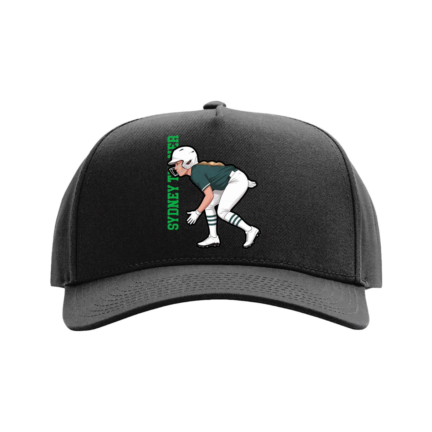 Full Fabric Five-Panel Champ Cap — Name Vertical in Black