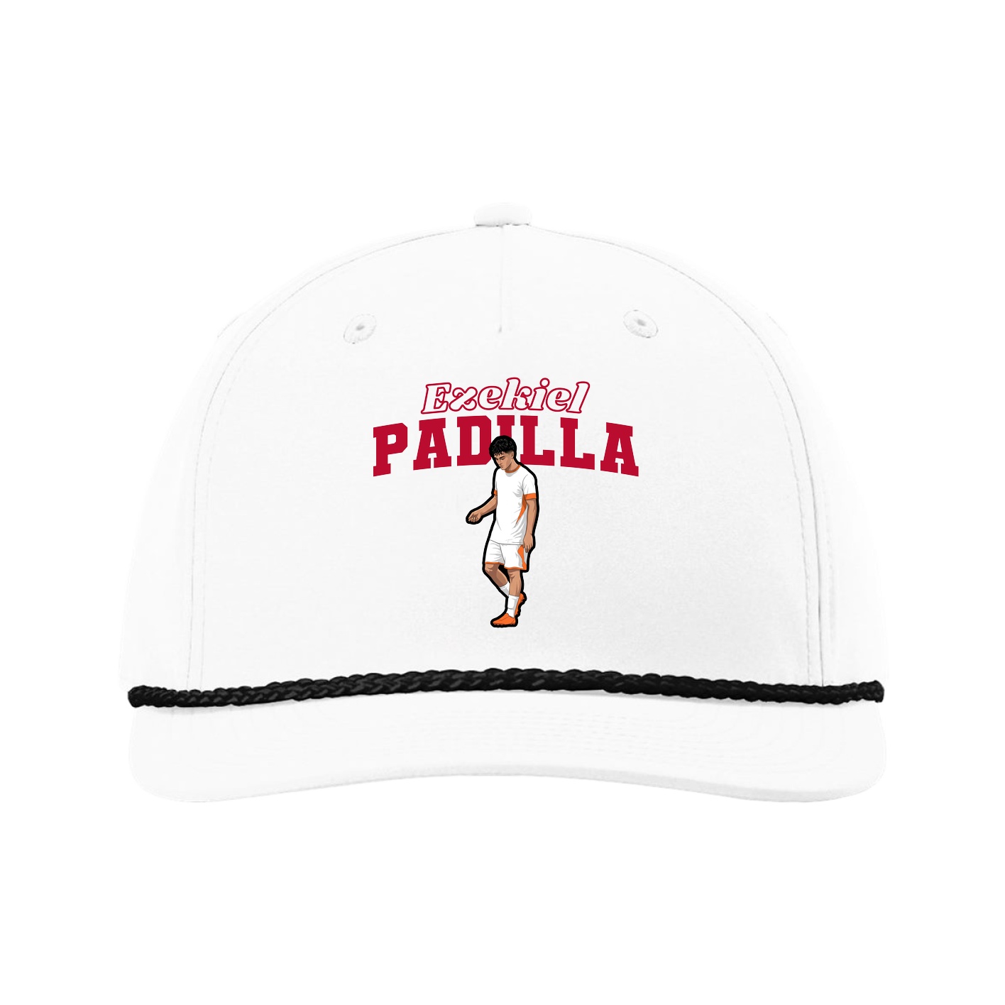Five-Panel Classic Rope Cap — Name Arch in White