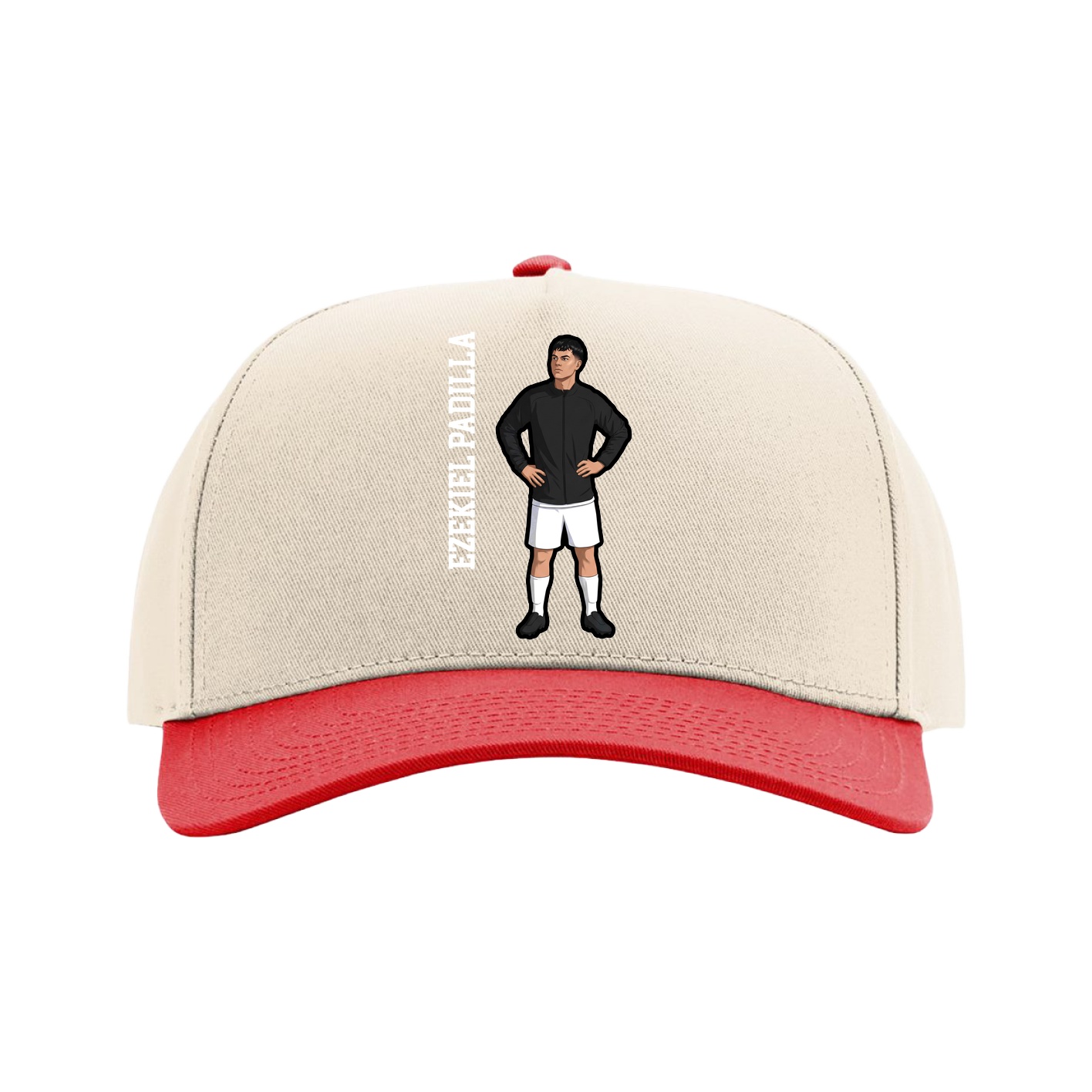 Full Fabric Five-Panel Champ Cap — Name Vertical in Cream/Red