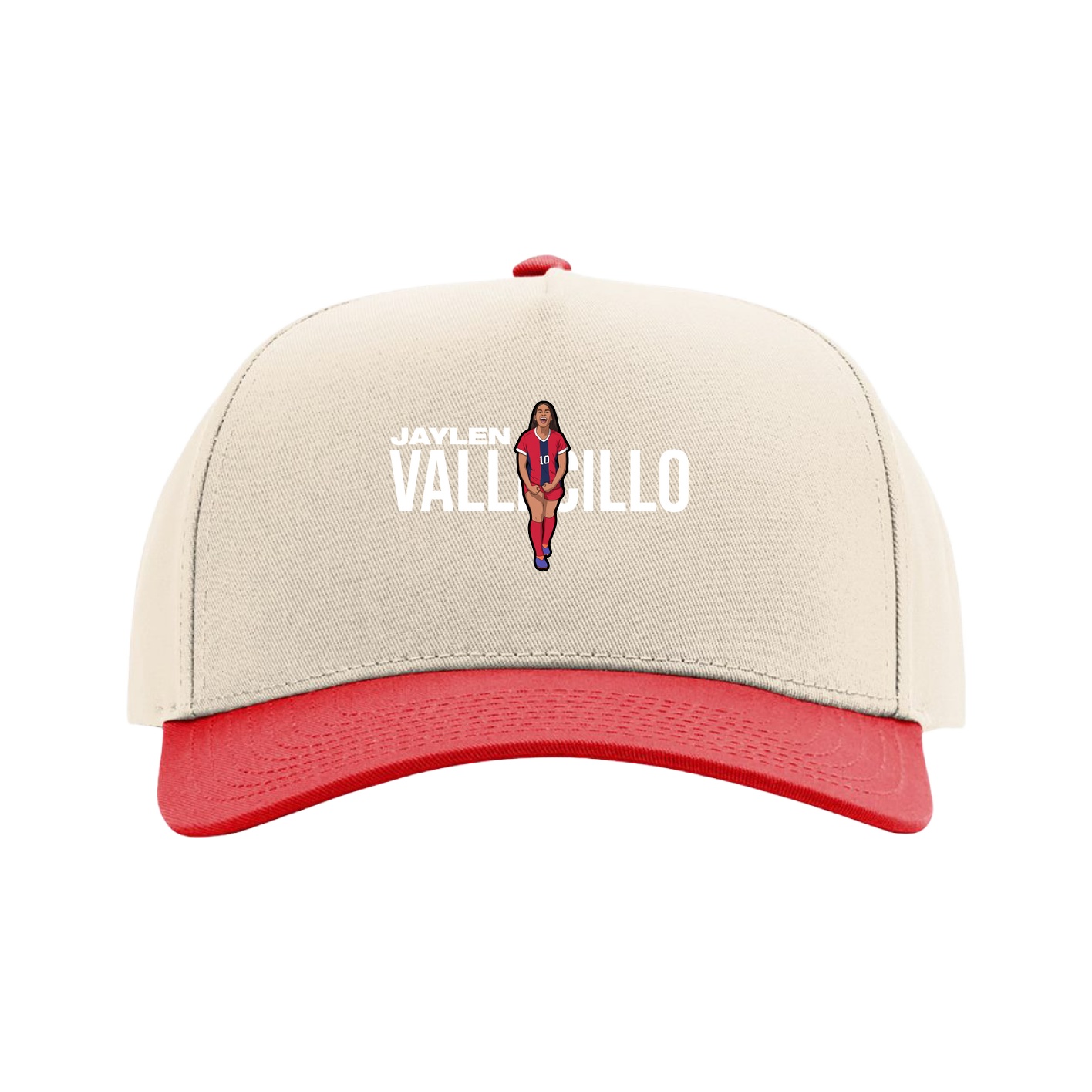 Full Fabric Five-Panel Champ Cap — Player Name in Cream/Red