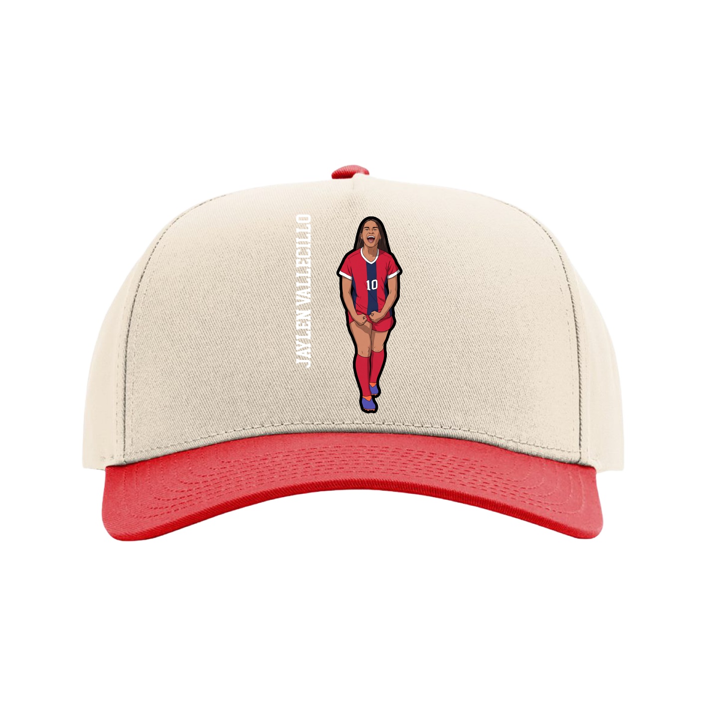 Full Fabric Five-Panel Champ Cap — Name Vertical in Cream/Red