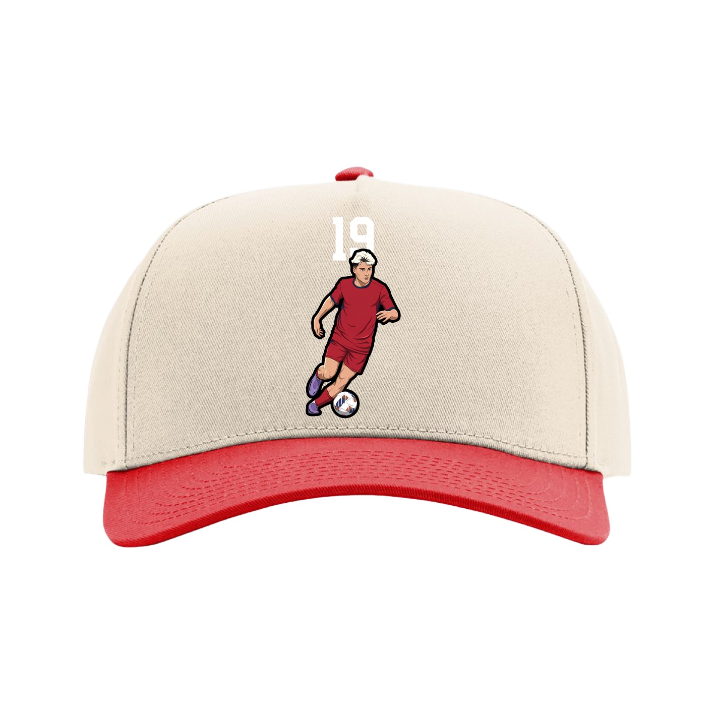 Full Fabric Five-Panel Champ Cap — Number Top in Cream/Red