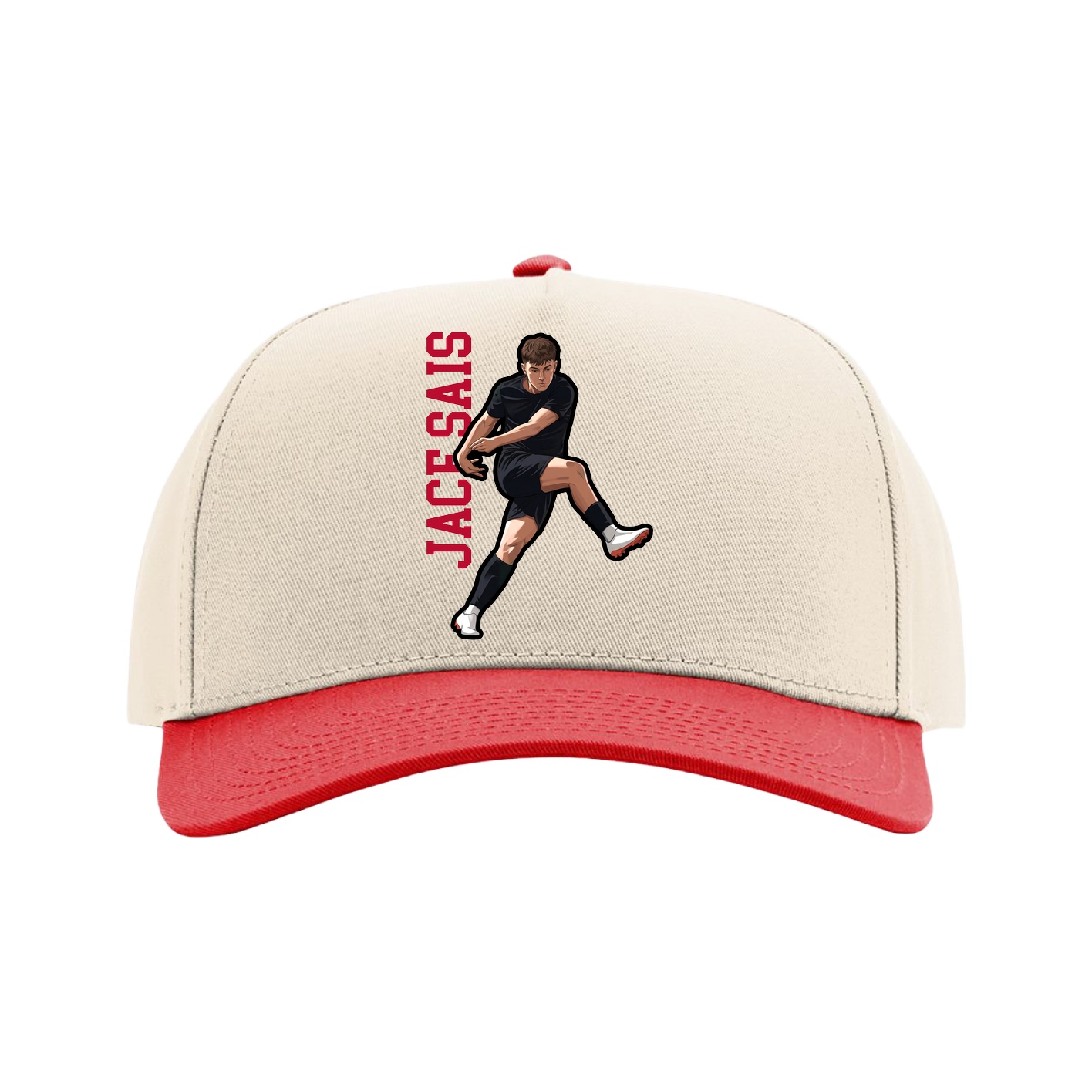 Full Fabric Five-Panel Champ Cap — Name Vertical in Cream/Red