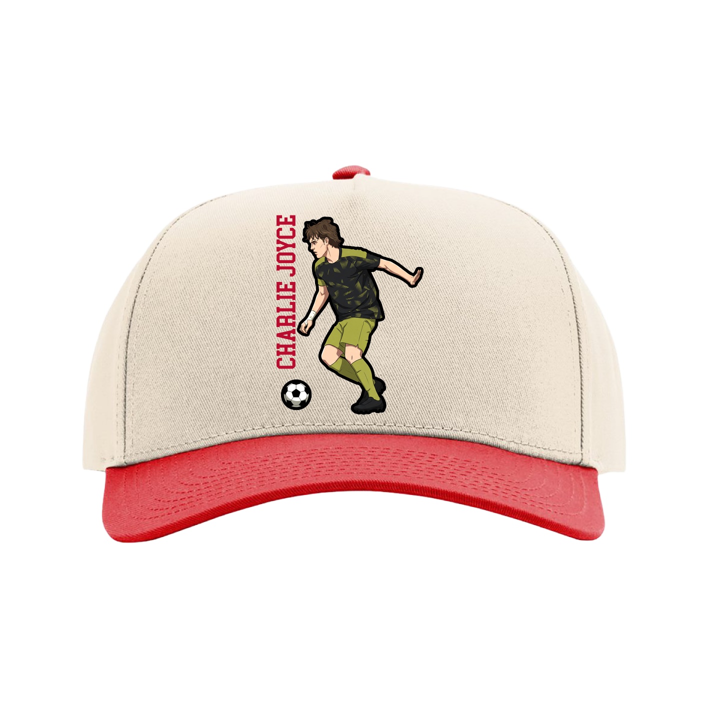 Full Fabric Five-Panel Champ Cap — Name Vertical in Cream/Red