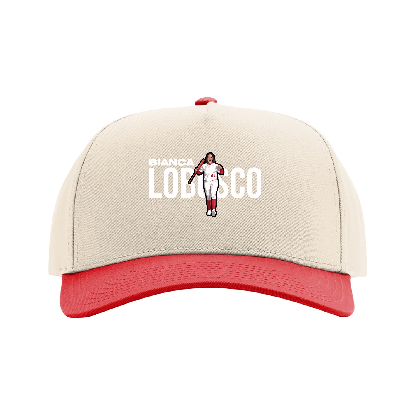 Full Fabric Five-Panel Champ Cap — Player Name in Cream/Red