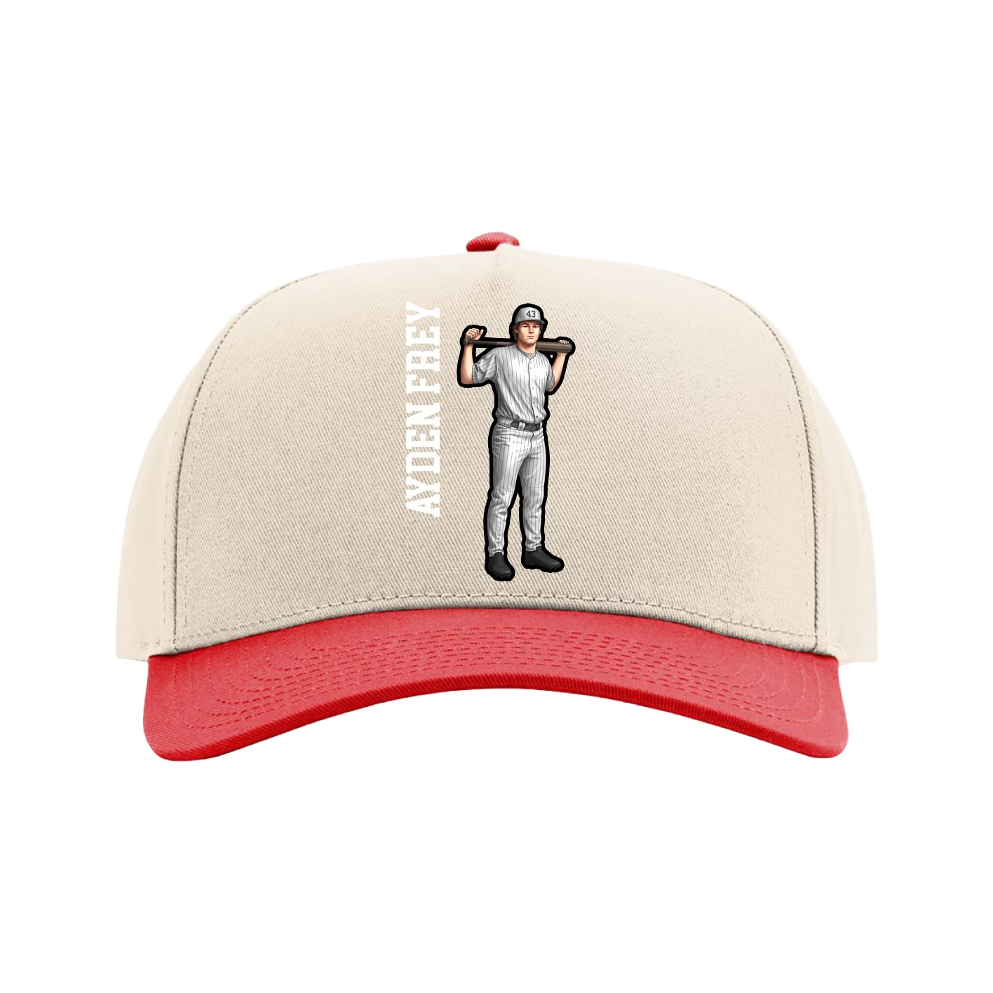 Full Fabric Five-Panel Champ Cap — Name Vertical in Cream/Red