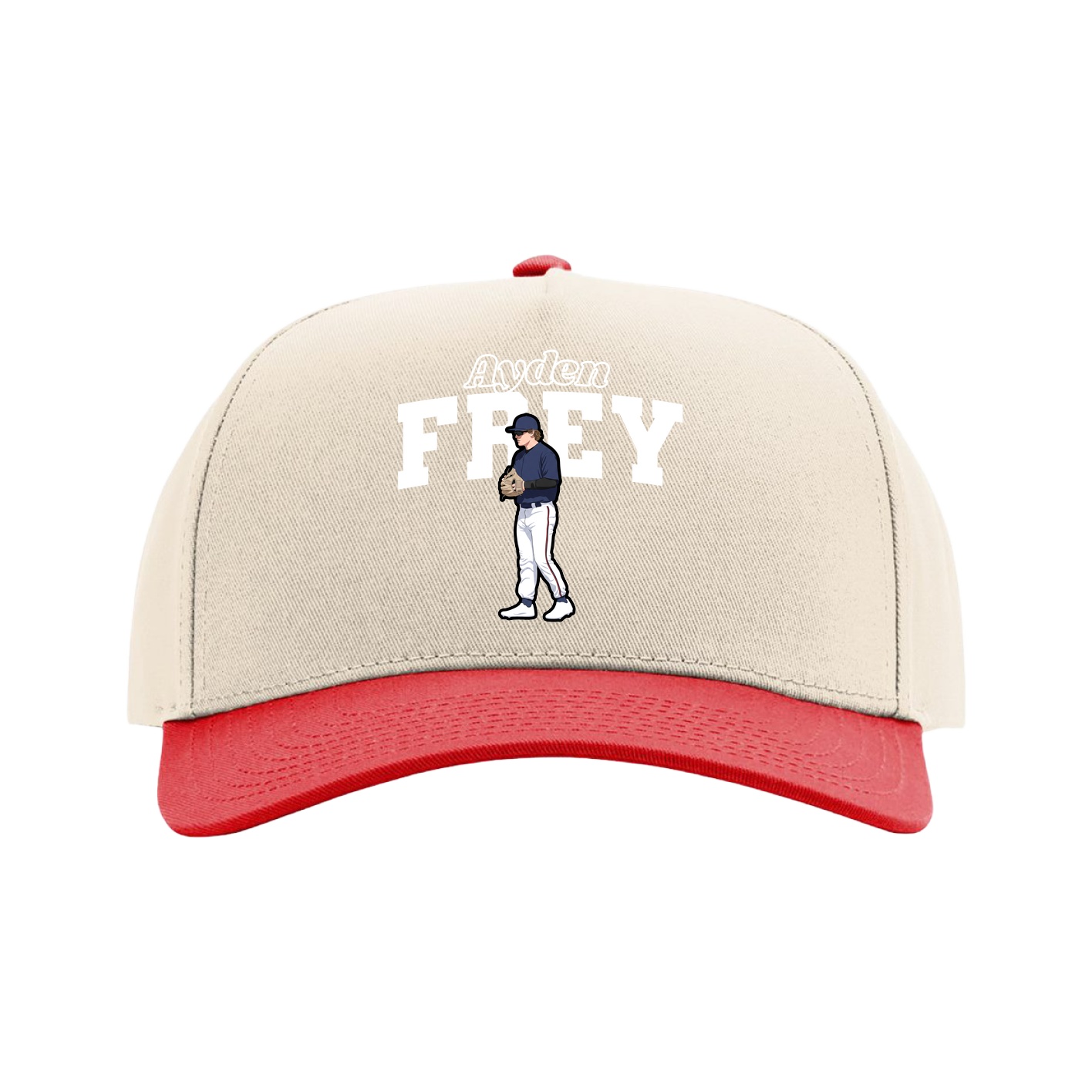 Full Fabric Five-Panel Champ Cap — Name Arch in Cream/Red