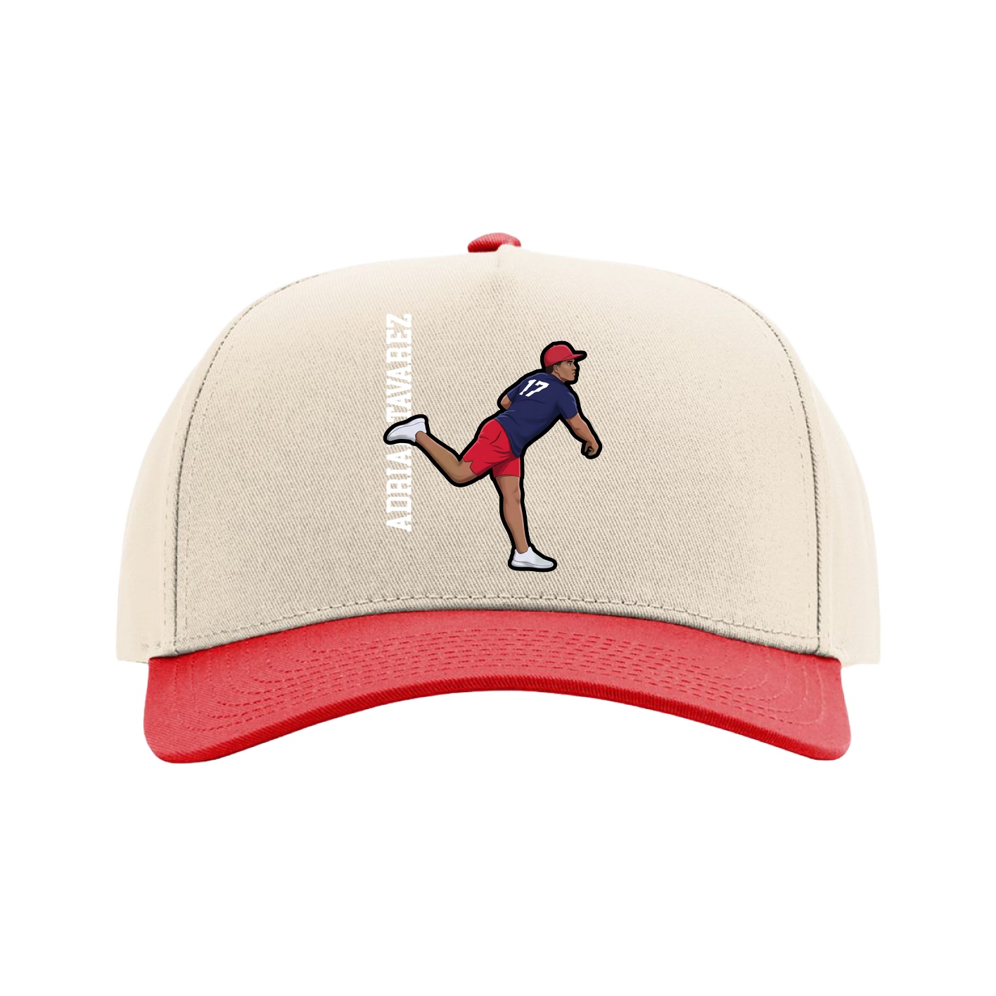 Full Fabric Five-Panel Champ Cap — Name Vertical in Cream/Red