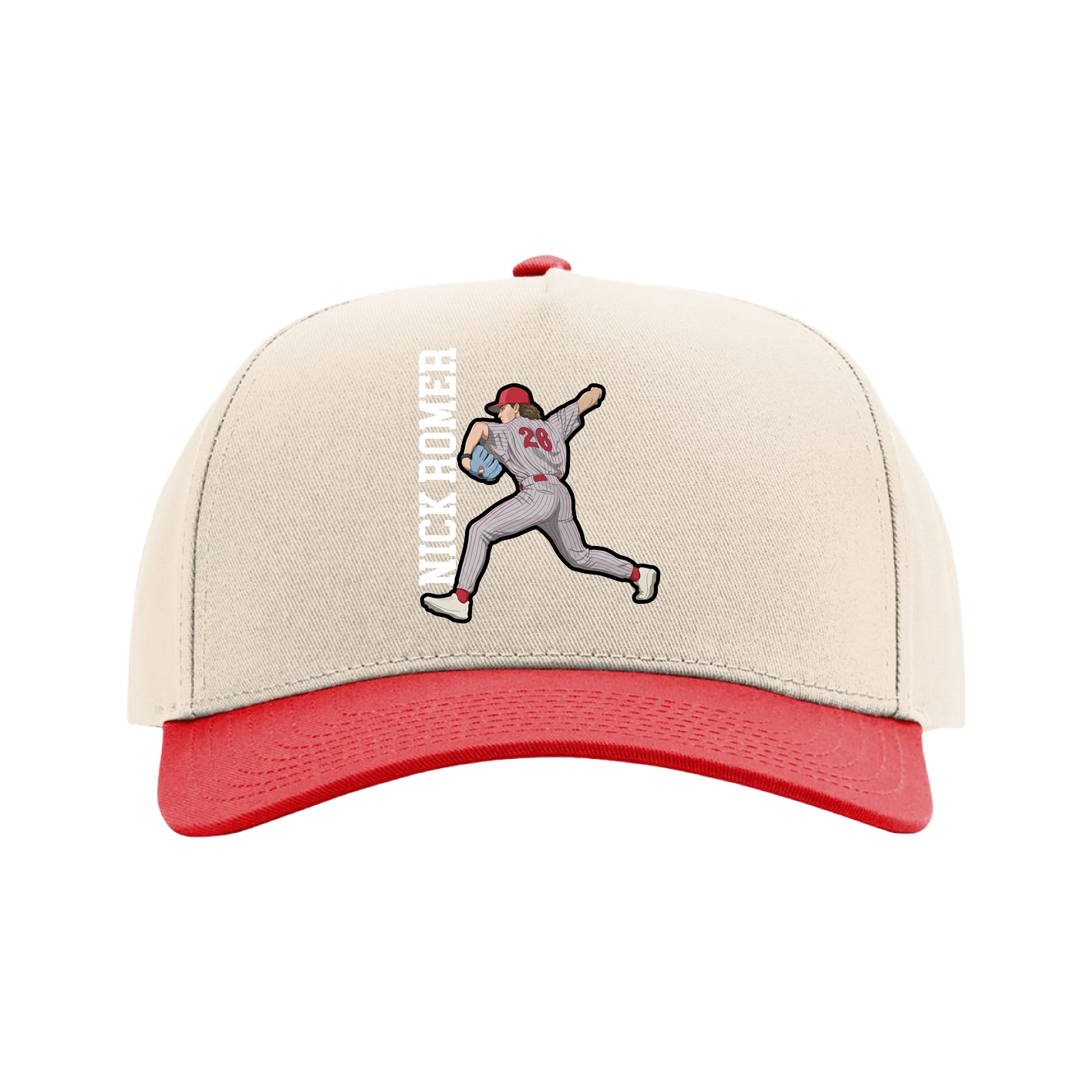 Full Fabric Five-Panel Champ Cap — Name Vertical in Cream/Red