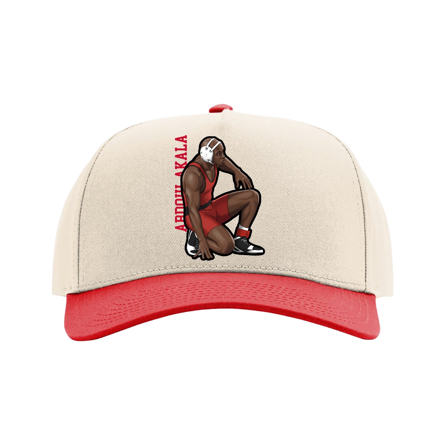 Full Fabric Five-Panel Champ Cap — Name Vertical in Cream/Red