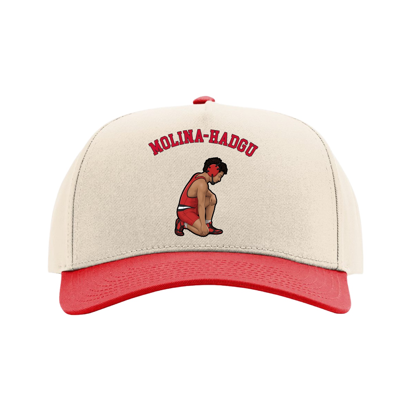 Full Fabric Five-Panel Champ Cap — Shirsey Arch in Cream/Red