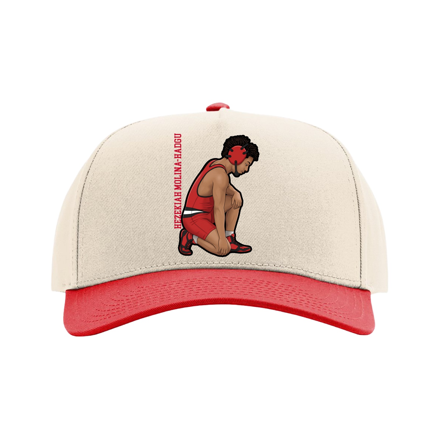 Full Fabric Five-Panel Champ Cap — Name Vertical in Cream/Red