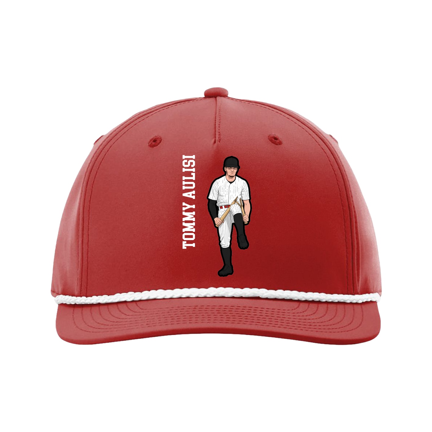 Five-Panel Classic Rope Cap — Name Vertical in Red