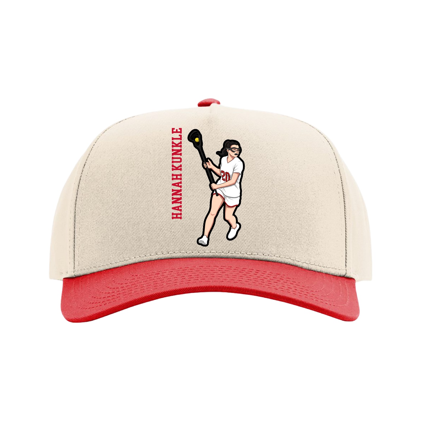 Full Fabric Five-Panel Champ Cap — Name Vertical in Cream/Red