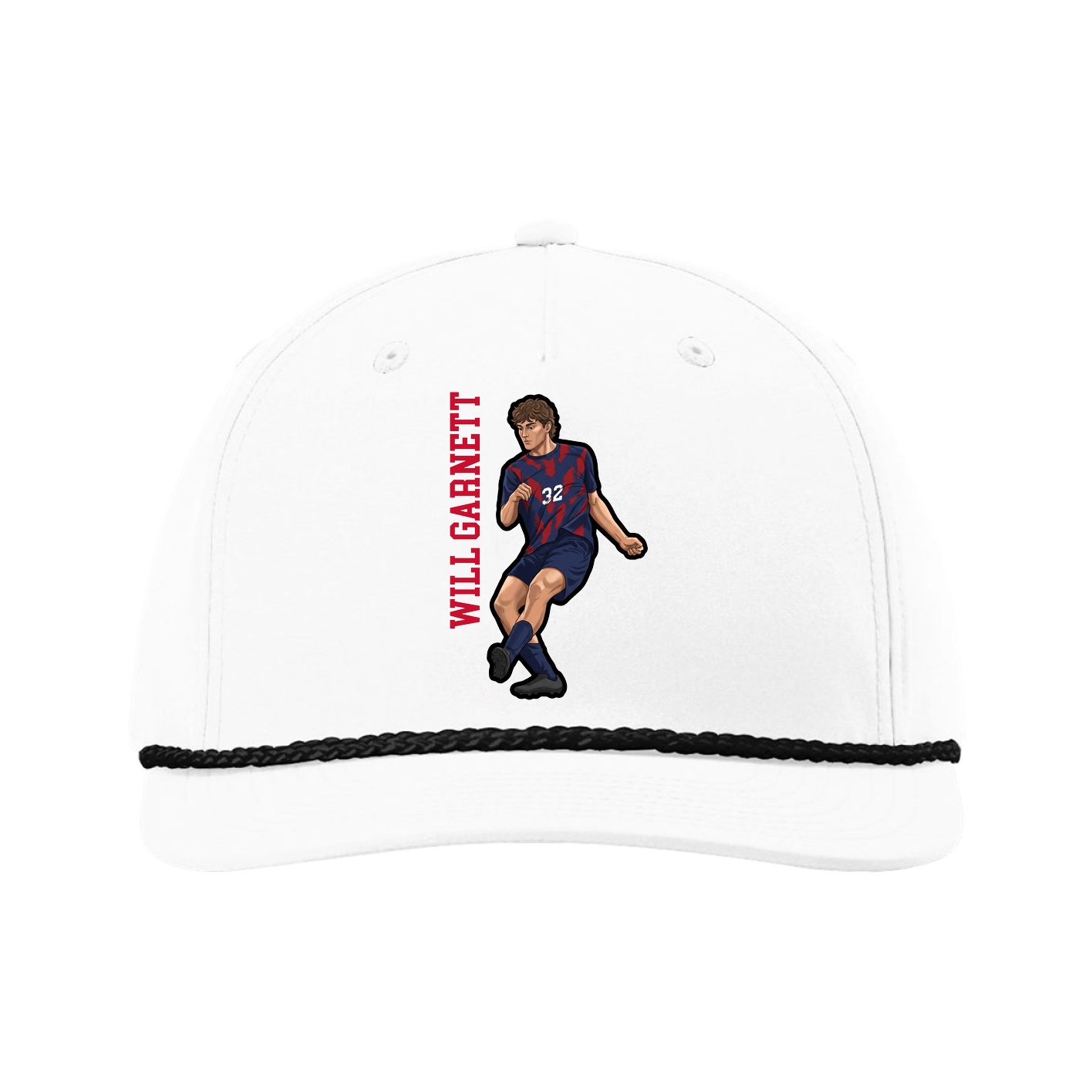 Five-Panel Classic Rope Cap — Name Vertical in White