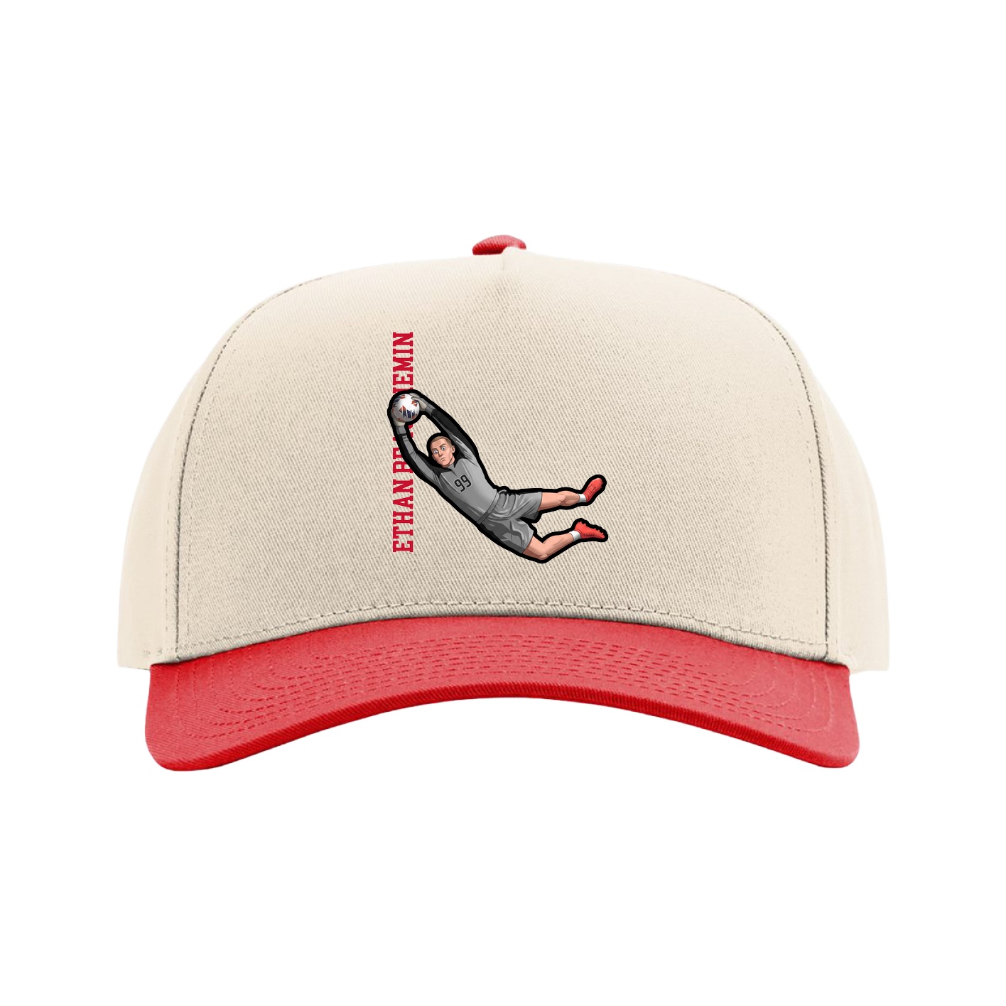 Full Fabric Five-Panel Champ Cap — Name Vertical in Cream/Red