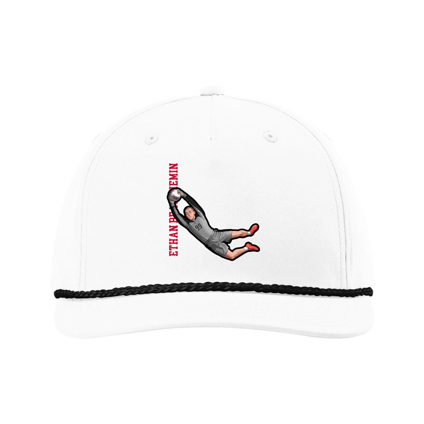 Five-Panel Classic Rope Cap — Name Vertical in White