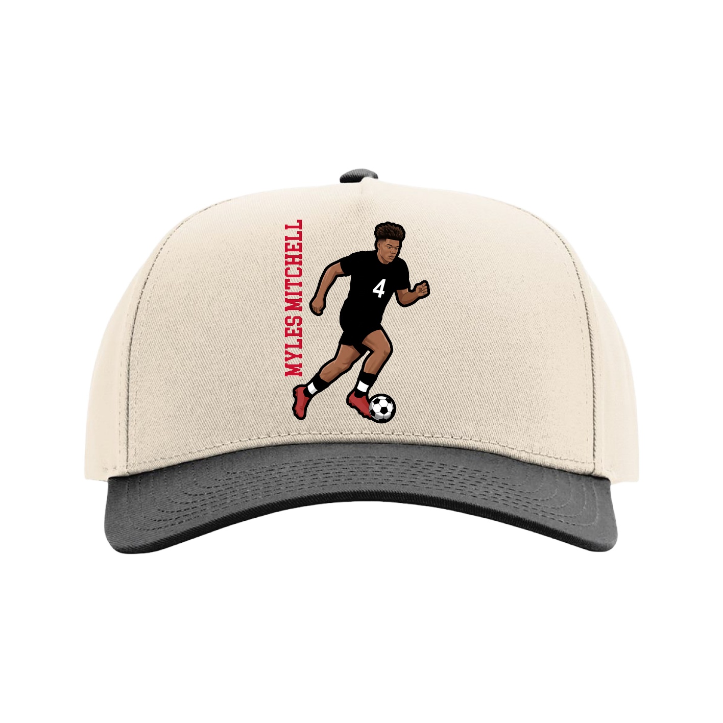 Full Fabric Five-Panel Champ Cap — Name Vertical in Cream/Black