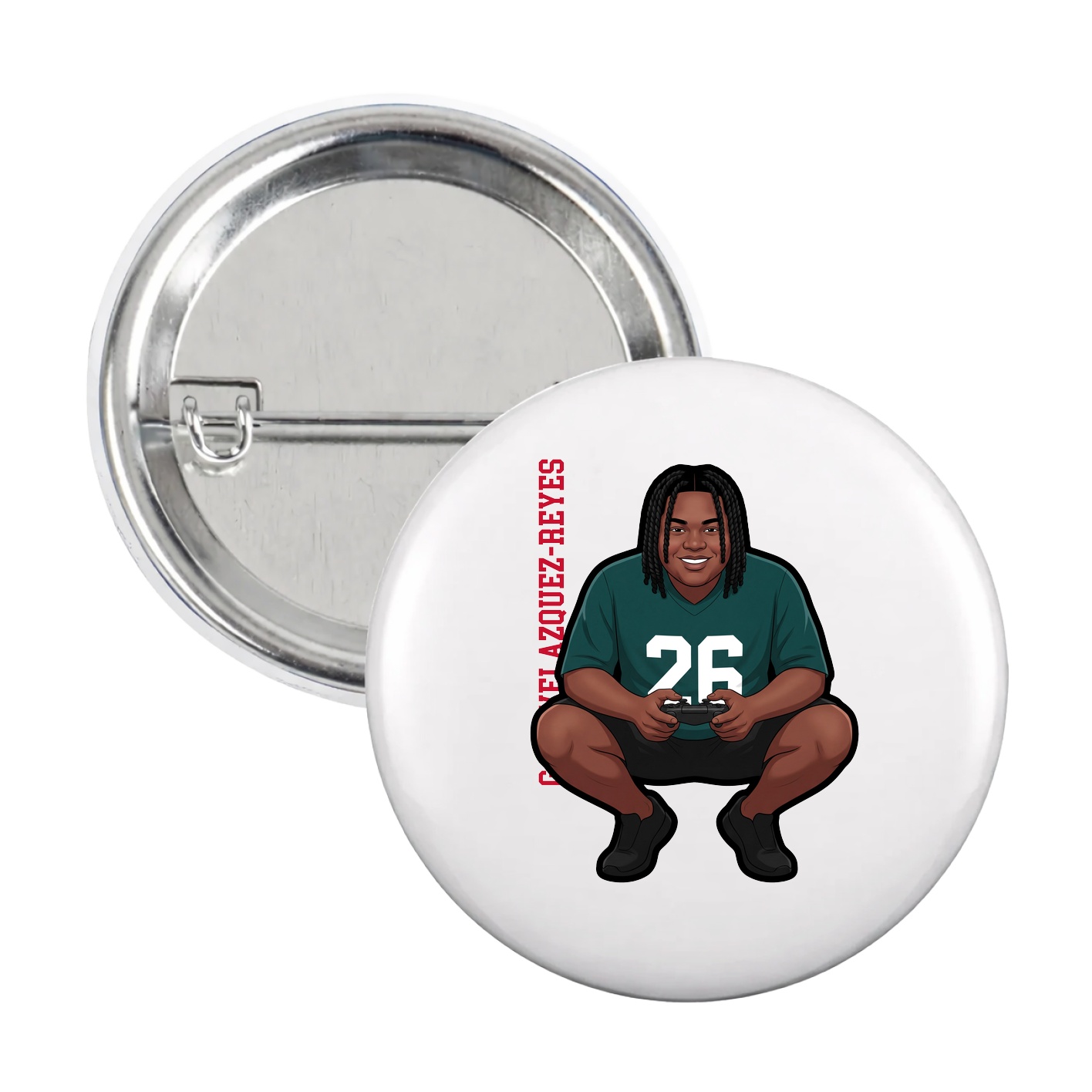 Game Day Button — Name Vertical in White