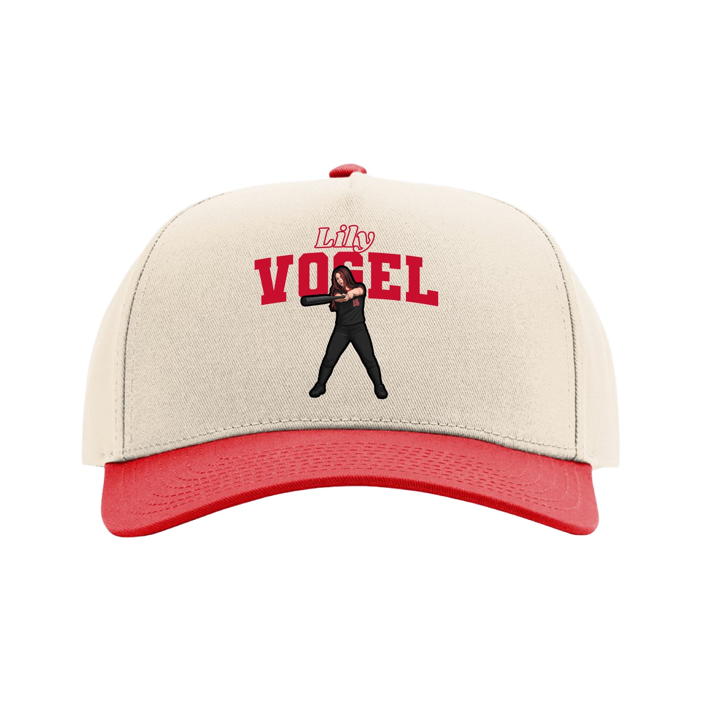 Full Fabric Five-Panel Champ Cap — Name Arch in Cream/Red