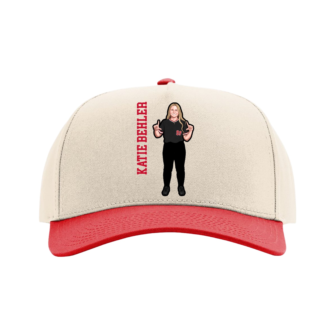 Full Fabric Five-Panel Champ Cap — Name Vertical in Cream/Red