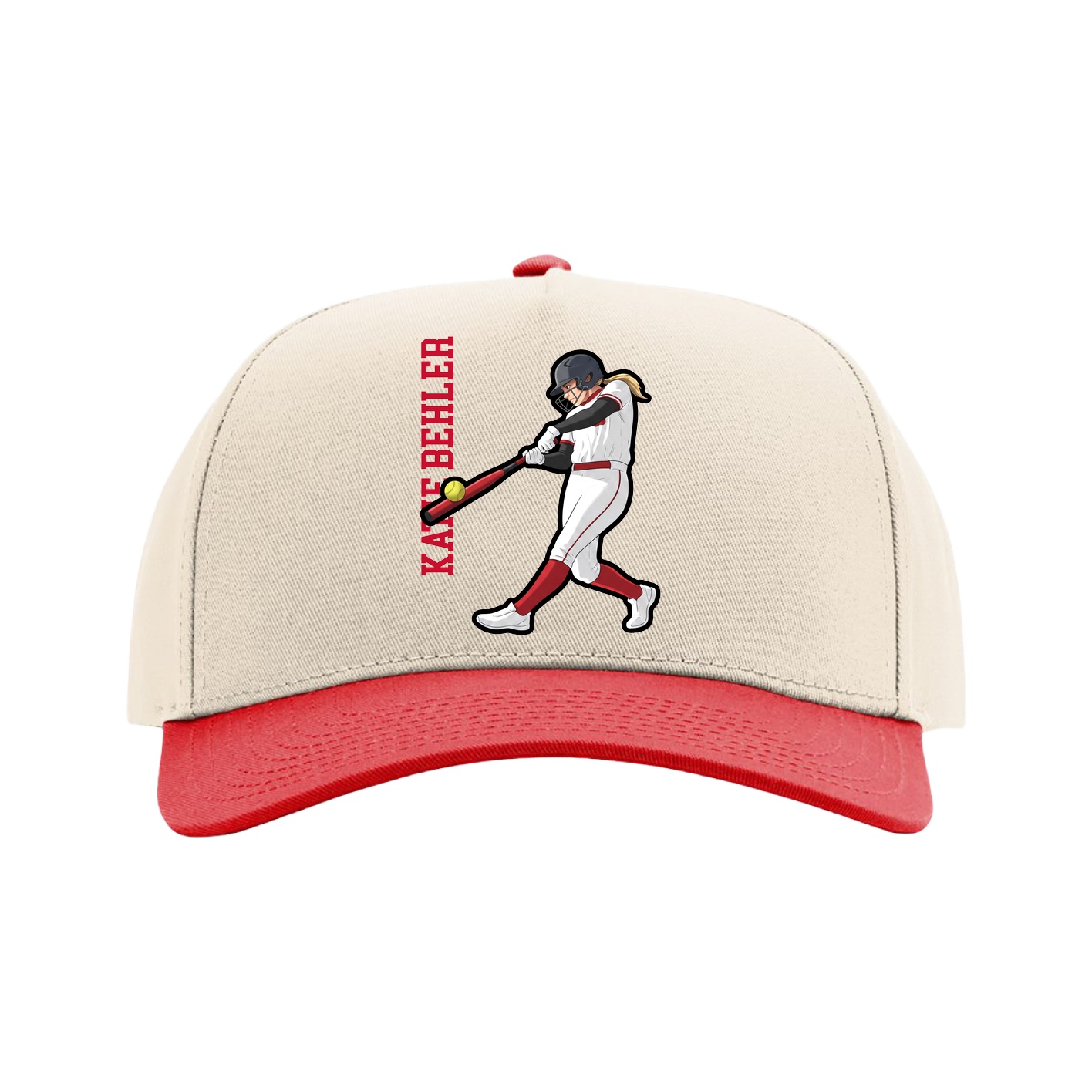 Full Fabric Five-Panel Champ Cap — Name Vertical in Cream/Red