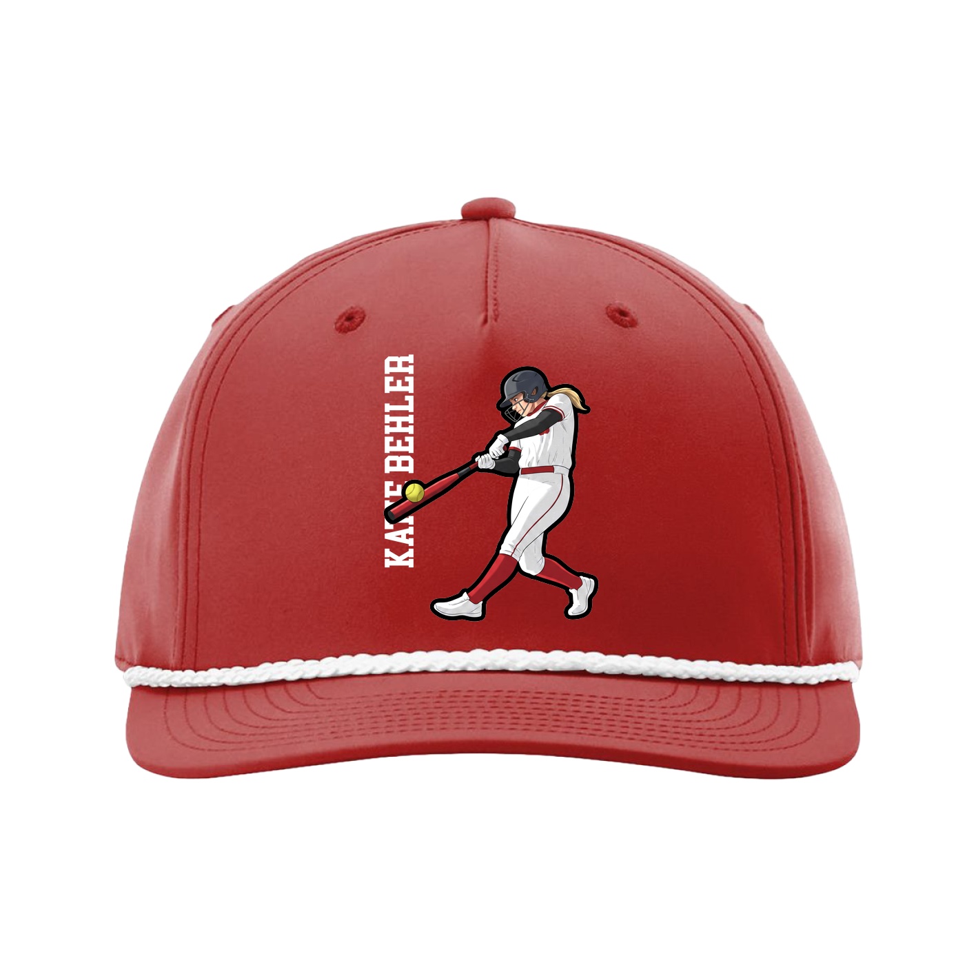 Five-Panel Classic Rope Cap — Name Vertical in Red