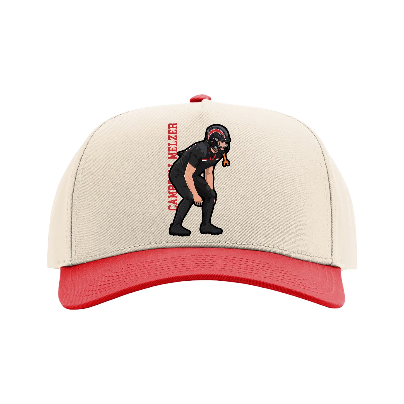 Full Fabric Five-Panel Champ Cap — Name Vertical in Cream/Red