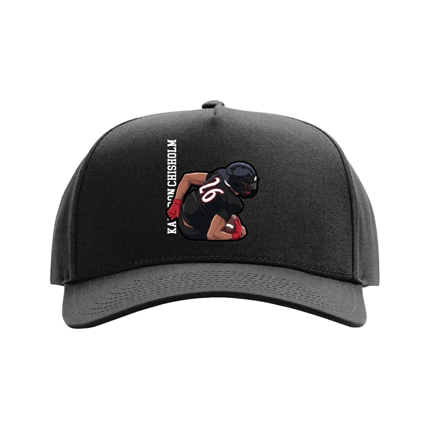 Full Fabric Five-Panel Champ Cap — Name Vertical in Black