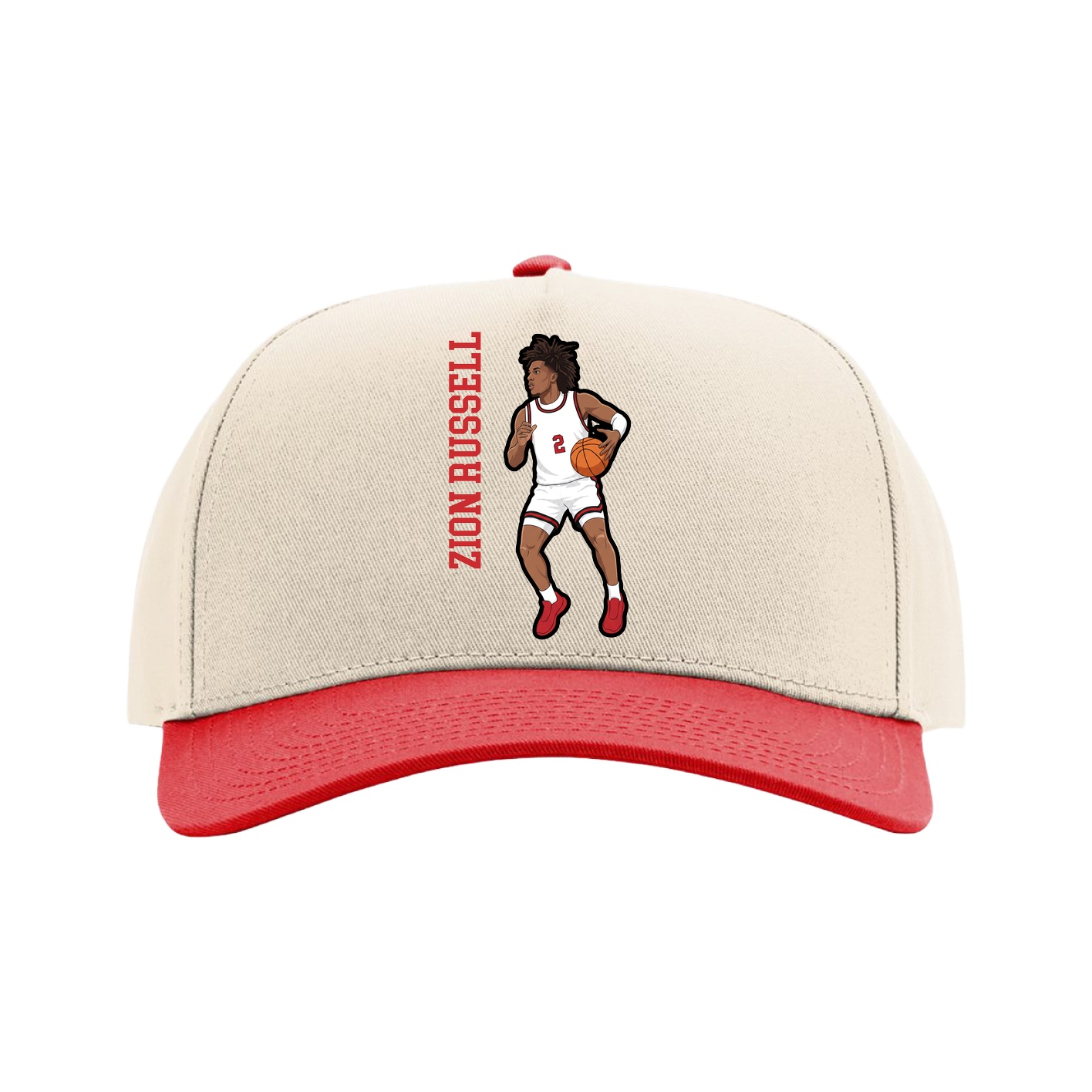 Full Fabric Five-Panel Champ Cap — Name Vertical in Cream/Red
