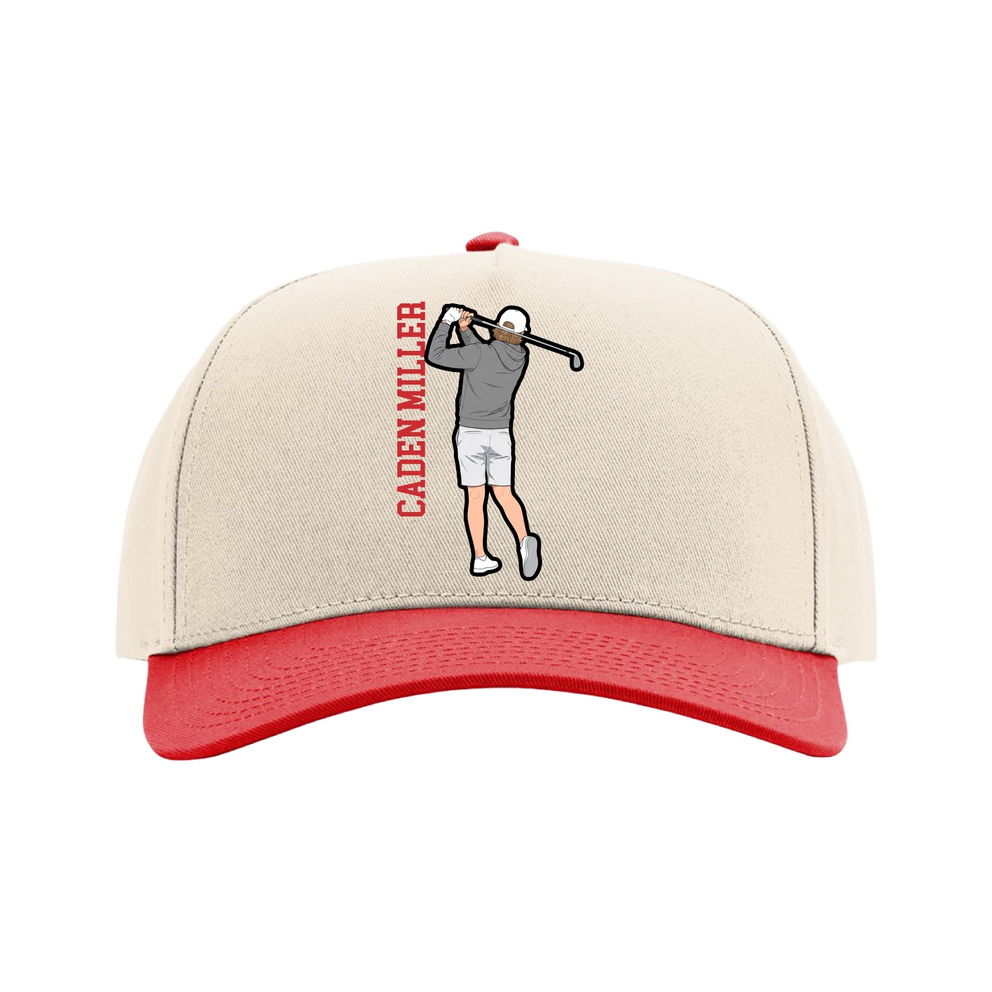 Full Fabric Five-Panel Champ Cap — Name Vertical in Cream/Red