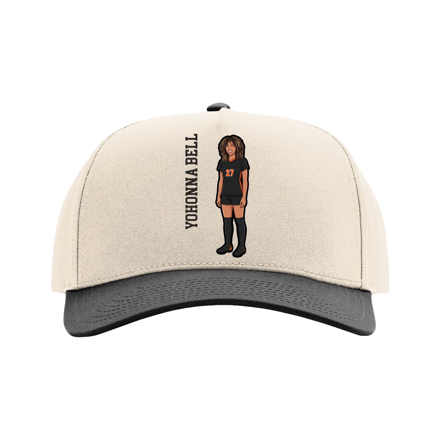 Full Fabric Five-Panel Champ Cap — Name Vertical in Cream/Black