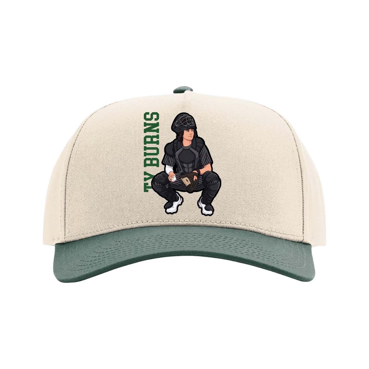 Full Fabric Five-Panel Champ Cap — Name Vertical in Cream/Green