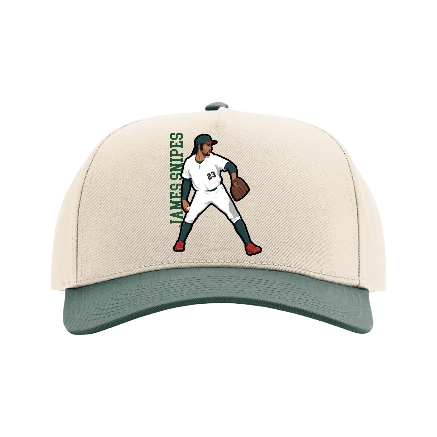 Full Fabric Five-Panel Champ Cap — Name Vertical in Cream/Green