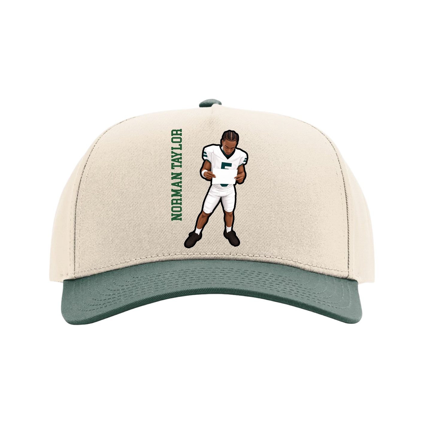 Full Fabric Five-Panel Champ Cap — Name Vertical in Cream/Green