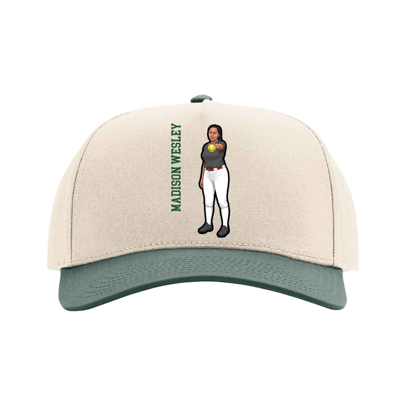 Full Fabric Five-Panel Champ Cap — Name Vertical in Cream/Green
