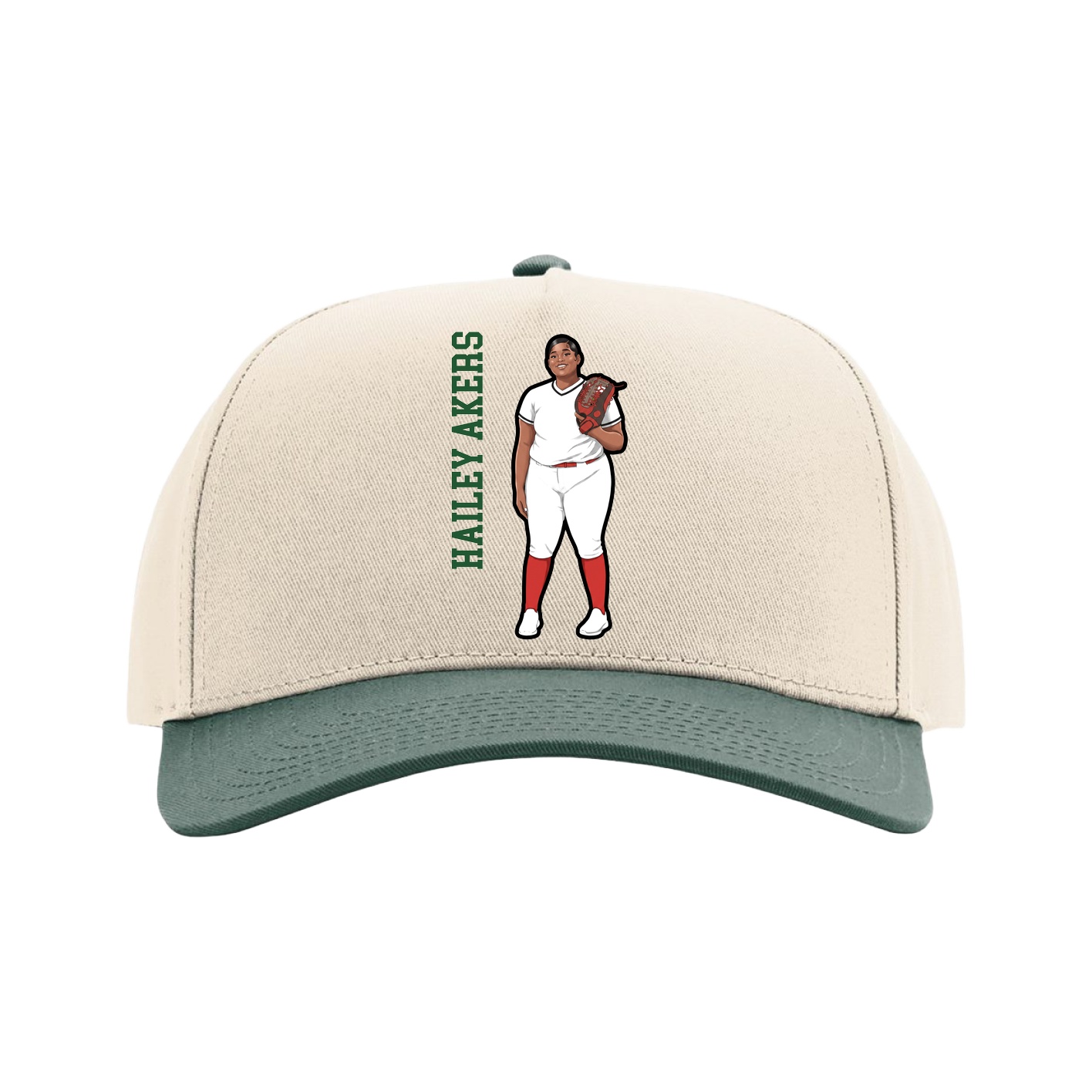 Full Fabric Five-Panel Champ Cap — Name Vertical in Cream/Green