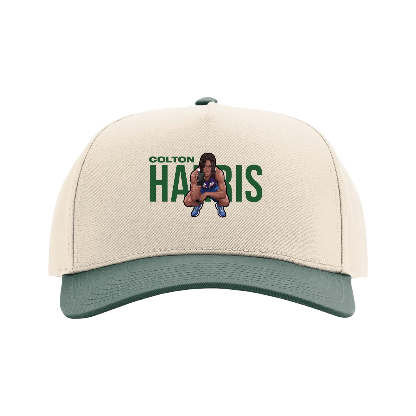 Full Fabric Five-Panel Champ Cap — Player Name in Cream/Green